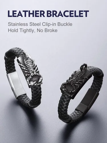 Miniatura 9 de Bandmax Pulsera trenzada de cuero negro para hombre con colgante gótico punk, pulsera de cuero con hebilla de acero inoxidable, paquete de regalo