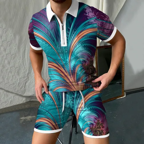 Miniatura 5 de Conjunto corto de 2 piezas para hombre, conjunto deportivo de verano de manga corta, polo y pantalones cortos, traje deportivo casual