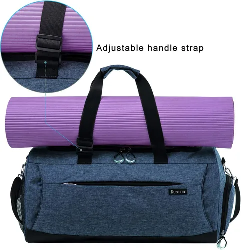 Miniatura 7 de Kuston Bolsa de gimnasio deportiva con compartimento para zapatos y bolsillo húmedo, bolsa de lona para gimnasio para hombres y mujeres, Azul