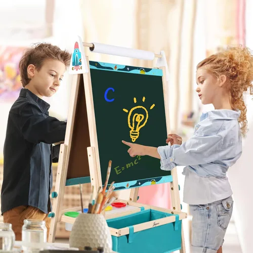 Miniatura 7 de Joyooss Caballete de arte para niños, caballete ajustable para niños con pizarra magnética y pizarra, tablero magnético para niños, caballete