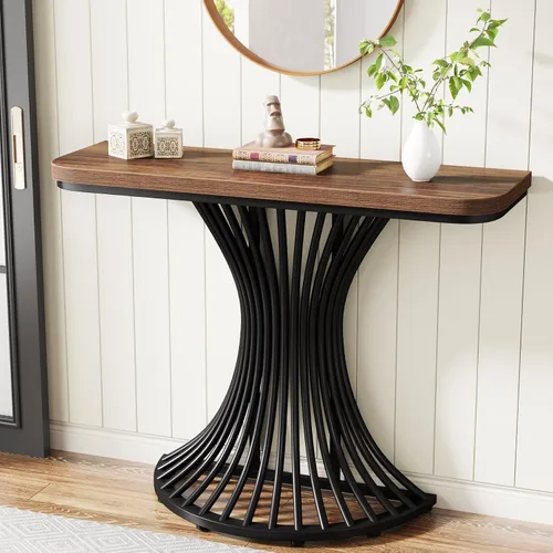 Miniatura 8 de Tribesigns Mesa de consola, mesa de entrada industrial con base geométrica de metal, mesa decorativa de sofá pequeño de 39 pulgadas para entrada