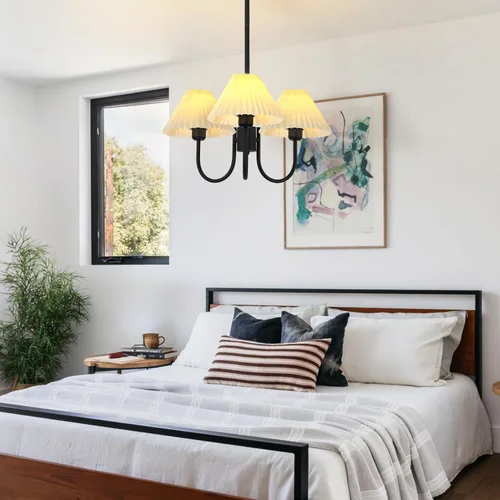 Miniatura 6 de KCO Lighting Lámpara Colgante Plisada Vintage de 3 Luces Araña de Techo con Pantallas de Lámpara Pequeña Araña de Tela Negra y Blanca para Sala