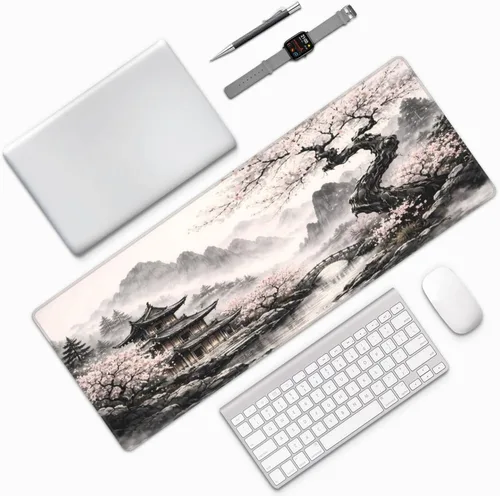 Miniatura 7 de Alfombrilla de mouse extendida para juegos de flor de cerezo japonés, 31.5 x 11.8 pulgadas, alfombrilla de escritorio grande con base de goma Mouse
