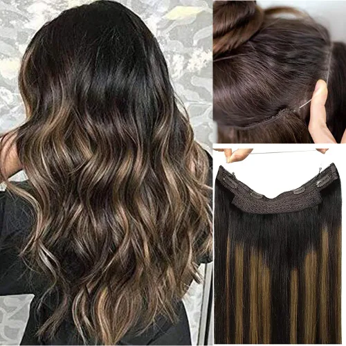 Miniatura 6 de Extensiones de cabello con alambre negro, extensiones de cabello balayage, extensiones de cabello con alambre de cabello humano, 14 pulgadas 70 g