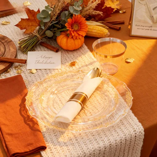 Miniatura 5 de U-QE 175 platos y servilletas de plástico dorado para fiestas, juego de vajilla transparente y dorado para 25 invitados, 25 platos llanos, 25 platos