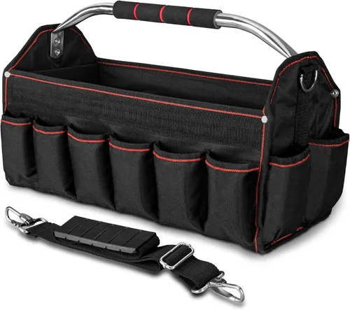 Miniatura 10 de HAUTMEC TB0001 - Bolsa de mano de 8 bolsillos con tapa abierta para electricista, marco rígido de 13 pulgadas, contenedor de herramientas