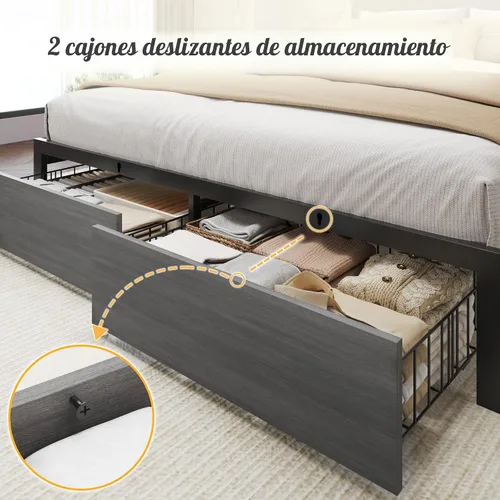 Miniatura 6 de Lifezone Base de cama Queen con cabecera de almacenamiento de 2 niveles, marco de cama de metal para dormitorio con 2 cajones de almacenamiento
