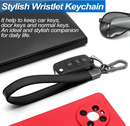 Miniatura 2 de Llavero de cuero genuino para hombre y mujer, giratorio de 360 grados, con anillo en D antipérdida, clip de mosquetón y 4 llaveros, oscuro y negro