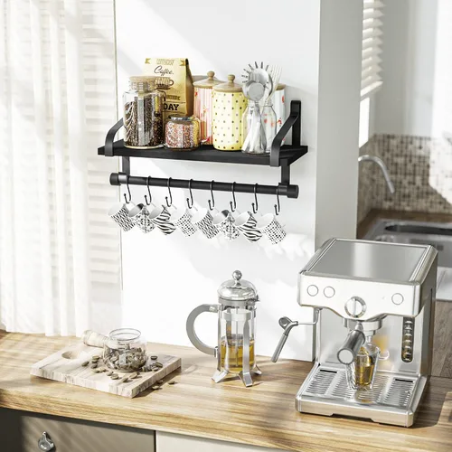Miniatura 2 de Love-KANKEI Estantería flotante de pared de madera rústica para almacenamiento, estante de especias de cocina con barra para toallas y 8 ganchos