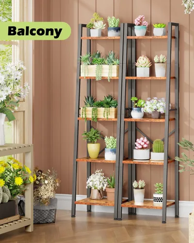 Miniatura 3 de Furologee Estantería de escalera de 5 niveles, estantería alta y estrecha con 2 ganchos, estante de esquina de baño marrón rústico, estante