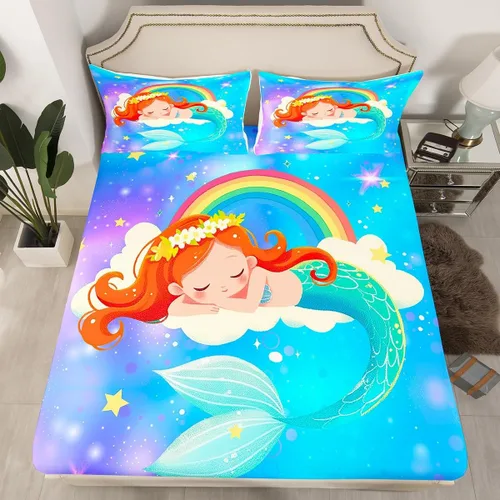 Juego de sábanas bajeras con diseño de cola de sirena de sirena, juego de ropa de cama de escamas de pescado con purpurina, tamaño individual, juego