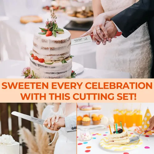 Miniatura 7 de Juego de 4 piezas para cortar pasteles para boda, con 2 cuchillos y 2 servidores, mango de madera y cortador de pastel de acero inoxidable