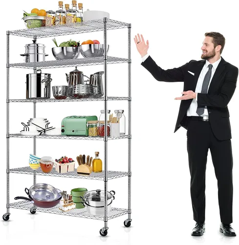 Miniatura 8 de Estantes de almacenamiento de 6 niveles, 2100 libras de capacidad, estante de metal resistente con ruedas, certificado NSF de grado comercial, Negro