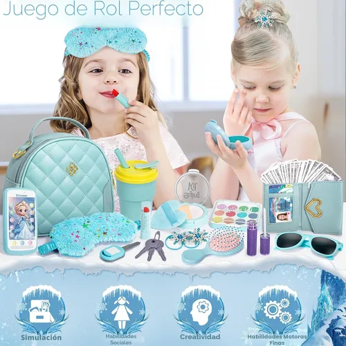 Miniatura 5 de Hohosunlar Bolsa de juego para regalo de niña pequeña, bolso con accesorios – maquillaje falso, juguetes de princesa Elsa, bolso, cartera, teléfono