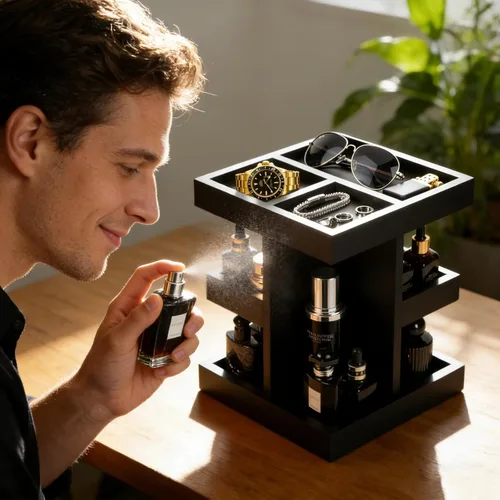 Miniatura 3 de Organizador de colonia para hombres, estante de perfume de madera de gran capacidad de 3 niveles con rotación de 360 grados, soporte de colonia