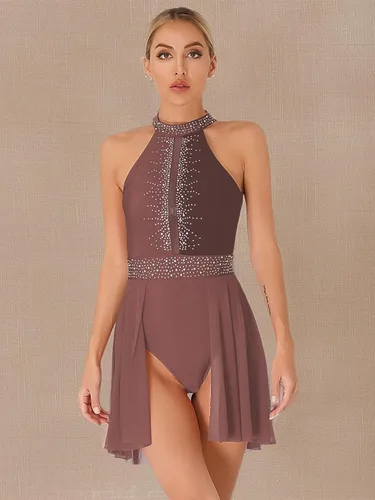 Miniatura 6 de Disfraz de danza lírica para mujer, cuello halter, falda fluida, leotardo de ballet, ropa de baile moderna y contemporánea