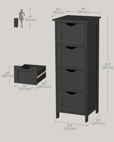 Miniatura 2 de VASAGLE Slim Bathroom Storage Cabinet, MDF Freestanding Floor Organizer with 4 Drawers, Narrow Laundry Room Storage, 11.8 x 11.8 x 32.4 Inch, Black