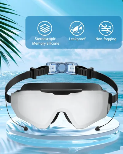 Miniatura 3 de Gafas de natación con tapones para los oídos, gafas de natación antivaho UV de visión amplia, lentes UV de 3 colores para hombres, mujeres y niños
