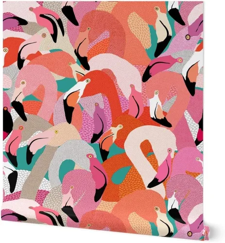 Spoonflower Despegar y pegar muestra de papel tapiz - Naranja Rosa Grande Flamenco Pájaro Plumas Tropical Florida Coastal Collage Ilustración Casa