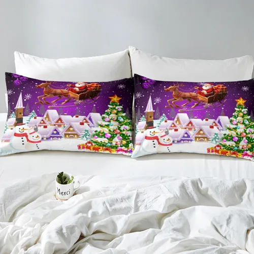 Miniatura 6 de Manfei juego de sábanas de Navidad tamaño completo, juego de ropa de cama con árbol de Navidad en forma de muñeco de nieve para la decoración