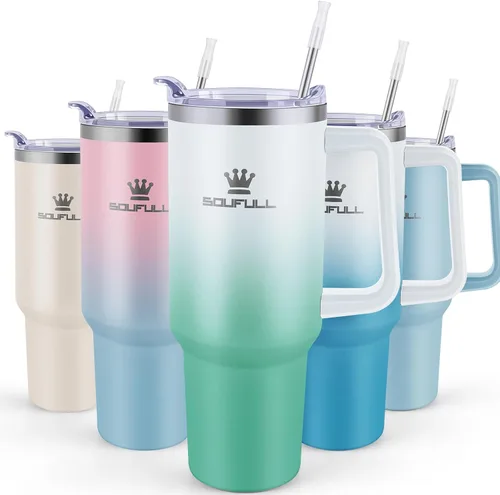 Vaso de 40 onzas con asa y tapa con popote, taza de café de viaje 100% a prueba de fugas, taza aislada de acero inoxidable para bebidas frías y