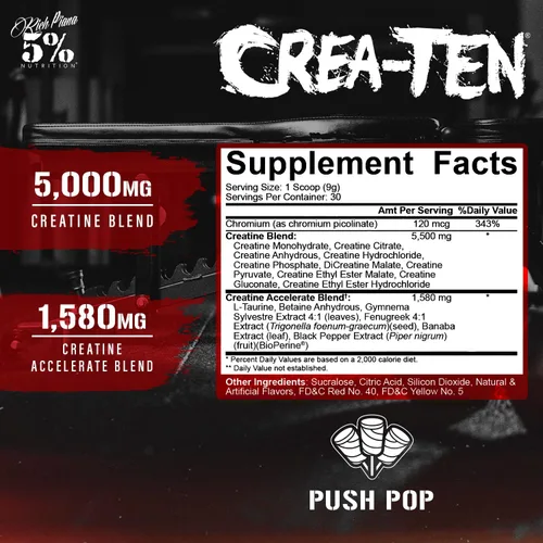 Miniatura 2 de 5% Nutrition CreaTEN Creatine Complex + Accelerators Creatina en polvo saborizada para ganancia muscular Máxima potencia, fuerza, resistencia