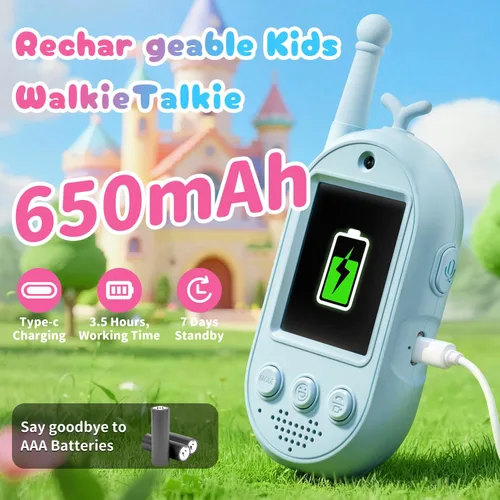 Miniatura 6 de Walkie Talkies de video mejorados para niños, paquete de 2 unidades recargables de voz/videollamadas para niños, juguetes para interiores, Azul/Azul