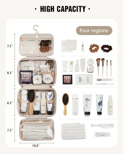 Miniatura 5 de EACHY Bolsa de Aseo Colgante de Viaje, Organizador de Maquillaje de Cuero PU con 4 Compartimentos Impermeable Tamaño Completo Artículos Esenciales