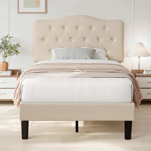 Miniatura 9 de VECELO Armazón de Cama Tamaño Individual Plataforma Tapizada con Cabecera Ajustable Acolchada/Base de Colchón con Soporte de Listones de Madera, Gris