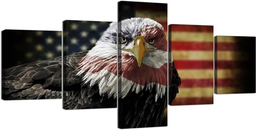Miniatura 23 de Arte de pared de concepto patriótico, pintura de bandera estadounidense y británica, lienzo de estrellas y rayas, 5 paneles, arte moderno americano