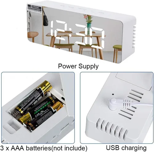 Miniatura 7 de Reloj despertador digital, pantalla LED grande con espejo con función de repetición, brillo ajustable, adecuado para el hogar, dormitorio, sala