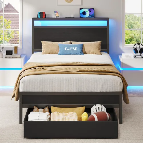 Fluest Base de cama individual, base de cama individual con cabecera de almacenamiento y cajón de almacenamiento, estación de carga y luz LED, no