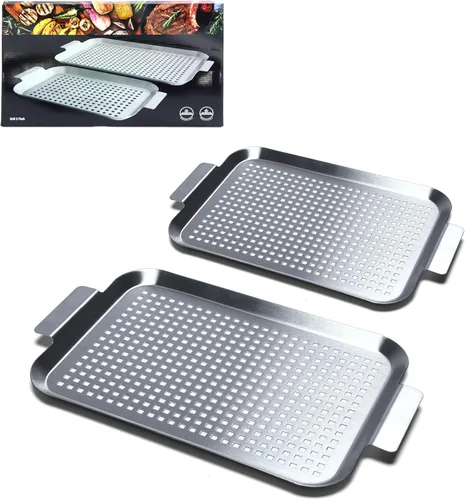 Set de 2 bandejas para parrilla, topper para parrilla de exterior, cestas para asar de acero inoxidable con agujeros y asas, bandeja perforada para