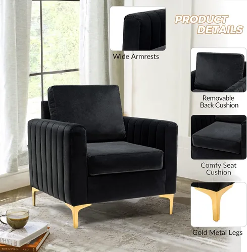 Miniatura 5 de HULALA HOME Silla de club de acento de terciopelo, sillón de terciopelo moderno tapizado de club con patas de metal dorado de mediados de siglo