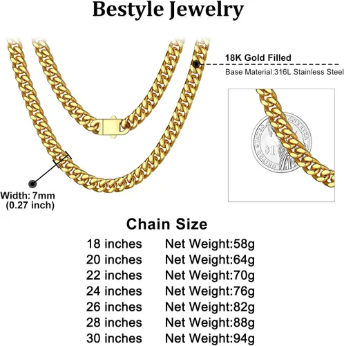 Miniatura 7 de Bestyle Miami Cuban Link Chain for Men, Durable Real 18K GoldBlack Plated Solid Stainless Steel Chain, Width 5mm 7mm 9mm 12mm Mens Necklace, 18-30