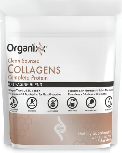 Miniatura 8 de Polvo de péptidos de colágeno Organixx con vitamina C, tipos I, II, III, V, X de colágeno hidrolizado, para la salud del cabello, uñas, piel, huesos