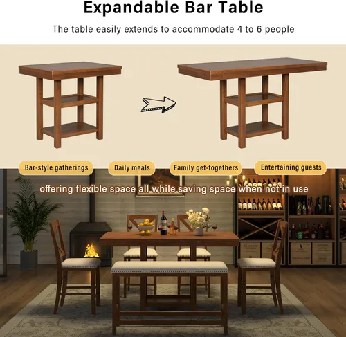 Miniatura 4 de JIVOIT Farmhouse 6 Piece Dining Table Set, Counter Height Table Set with 4 Chairs and a Bench, Rubber Wood Expandable Bar Table Set with Rivet Gris-3