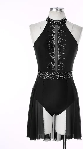 Miniatura 3 de FEESHOW Women Shiny Rhinestone Lyrical Dance Dress Backless Leotard Dresses Figure Skating Dance Costume