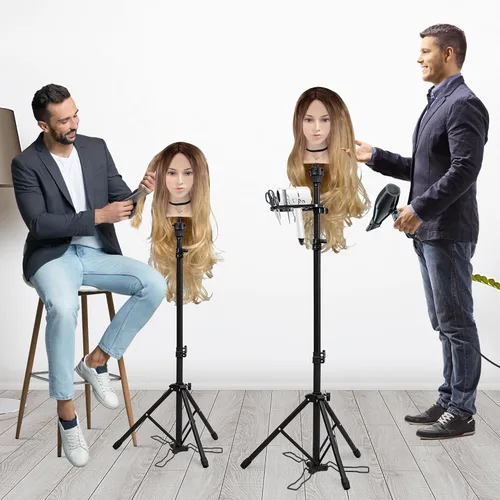 Miniatura 7 de Klvied Soporte para peluca con trípode ajustable, soporte para cabeza de maniquí con panel para pies, cabeza de peluca de metal reforzada