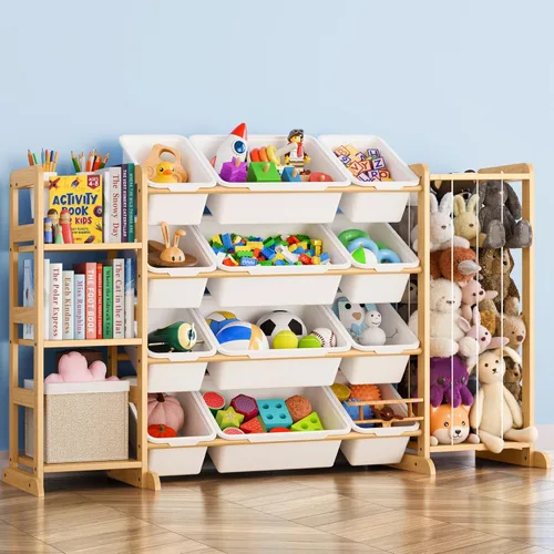 Organizador de almacenamiento de juguetes con estantería y almacenamiento de animales de peluche, organización de sala de juegos para niños con