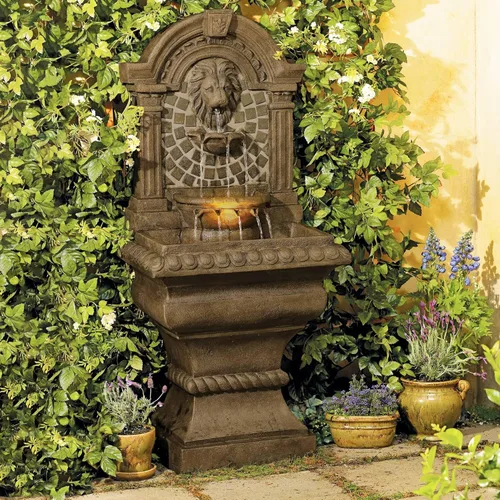 Miniatura 2 de Royal Lions Head - Fuente de suelo italiana grande de 51 pulgadas de alto para decoración al aire libre de piedra sintética con estatua de luz