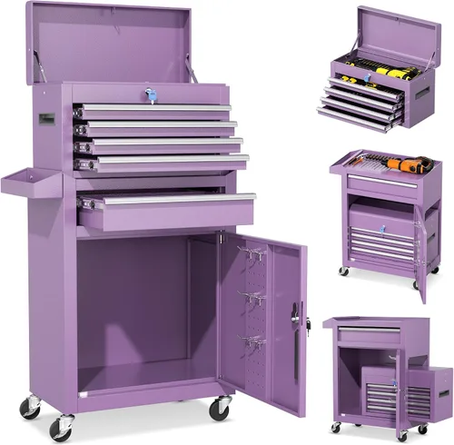 Miniatura 22 de INTERGREAT Baúl rodante para herramientas de 8 cajones, baúl para herramientas ensamblado con ruedas, caja de herramientas superior desmontable