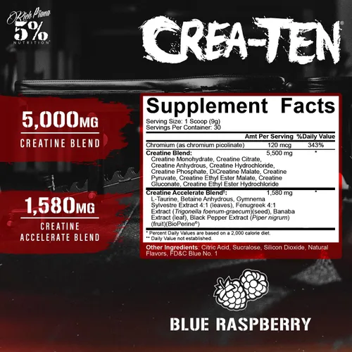 Miniatura 2 de 5% Nutrition CreaTEN Creatine Complex + Accelerators Creatina en polvo saborizada para ganancia muscular Máxima potencia, fuerza, resistencia