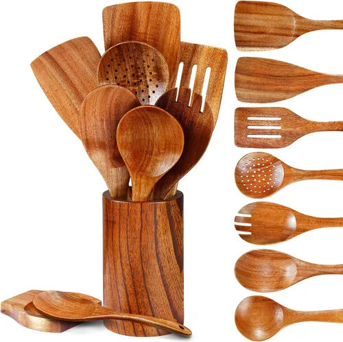 Pleafind Juego de utensilios de madera de teca natural, 9 piezas, cucharas de madera para cocinar, juego de utensilios de cocina de madera con