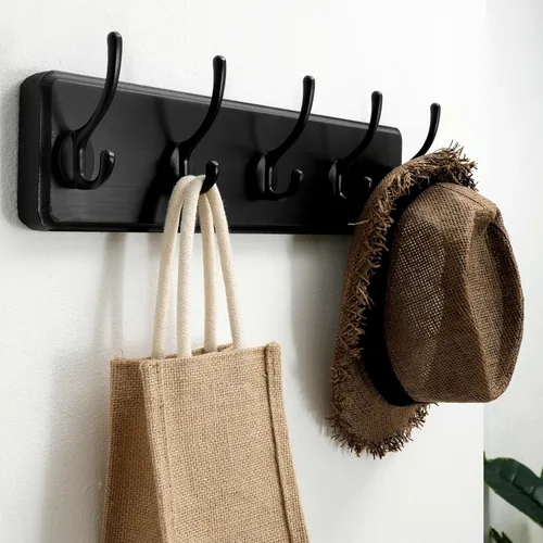 Miniatura 5 de SKOLOO Perchero rústico montado en la pared, perchero de madera maciza de pino, 5 ganchos para colgar ropa, batas, toallas, abrigos