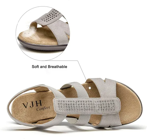 Miniatura 3 de VJH confort - Sandalias planas para mujer con diamantes de imitación, puntera abierta, elásticas, sin cordones, cómodas, informales, para caminar
