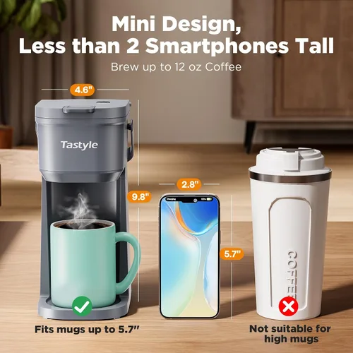 Miniatura 3 de Tastyle Cafetera de Una Sola Porción para Una Taza, para Cápsulas K y Café Molido, Mini Cafetera con Asa Portátil, Tamaño de Preparación de 6 a 12