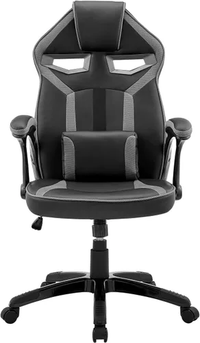 Miniatura 4 de Armen Living Aspect - Silla ajustable para juegos de carreras en piel sintética negra y malla gris oscuro con almohada de apoyo lumbar