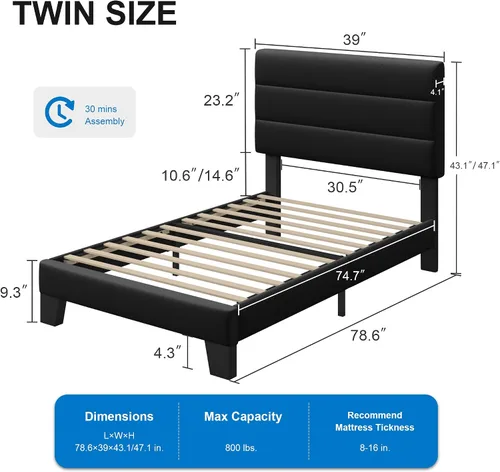 Miniatura 2 de GOLDORO Base de cama de plataforma de tamaño individual con cabecera tapizada, soporte de listones de madera, no necesita somier, fácil montaje