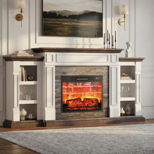 Miniatura 2 de LGHM Chimenea eléctrica de 72 pulgadas con repisa, soporte de TV para televisores de hasta 80 pulgadas, centro de entretenimiento estilo granja